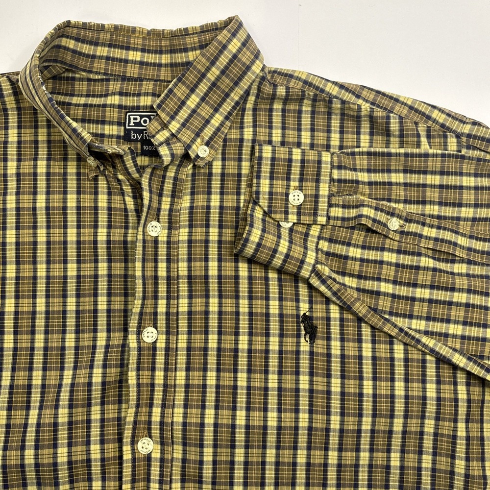 Vtg 90s Polo Ralph Lauren Brown Purple Yellow Plaid Plaid Button Down‎ Shirt L